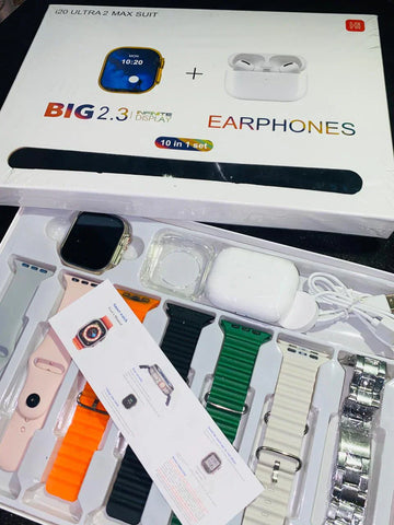 I20 Ultra Max Smart Watch 10-in-1 box set comes with EarBurds